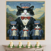 Mother Tuxedo Cat and Three Kittens in Patriotic Uncle Sam Outfits with Stars and Bow Ties in Farm Country Setting on Ready to Hang 1.5" Thick Canvas Wrap, Floating Framed Canvas, Flat Rolled Canvas